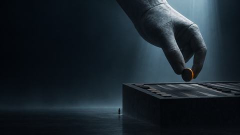 A monumental stone hand places a checker on a table above the fog.
